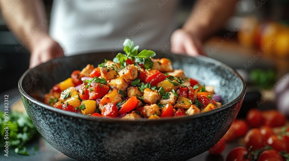 A vibrant bowl of mixed salad with vegetables and herbs. A vibrant bowl of mixed salad with vegetables and herbs.