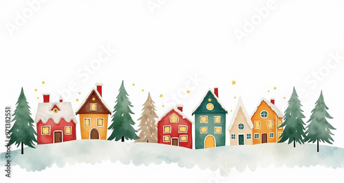 Christmas village Christmas architecture building arranged in a row like on a postcard, watercolor paints, on a white background 