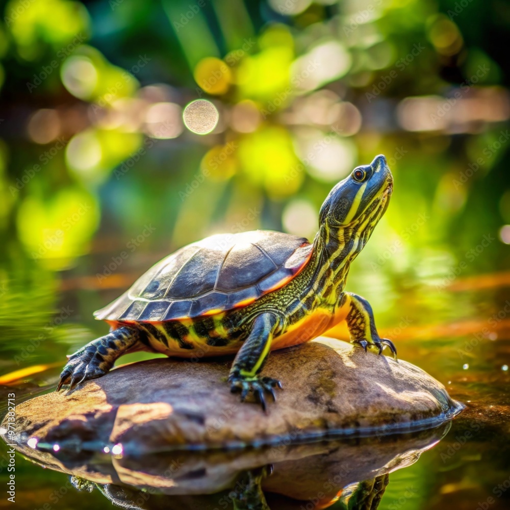 Turtle on a Rock by a Pond A small turtle basking in the sun on a rock by a pond, its tiny legs stretched out and the water shimmering in the background.