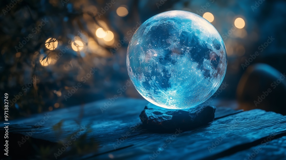 A luminous crystal globe rests on a wooden surface, glowing as moonlight illuminates a serene outdoor setting at twilight A luminous crystal globe rests on a wooden surface, glowing as moonlight illuminates a serene outdoor setting at twilight