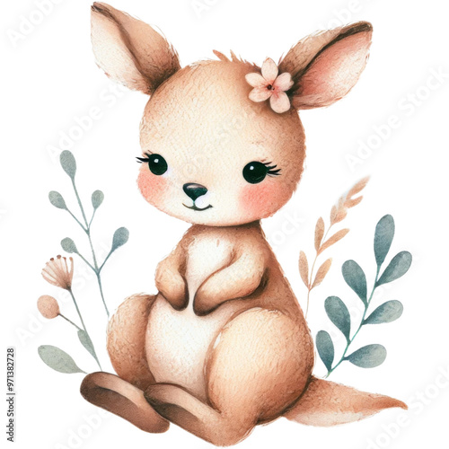 Watercolor cute baby kangaroo illustration with flora isolated on transparent background.