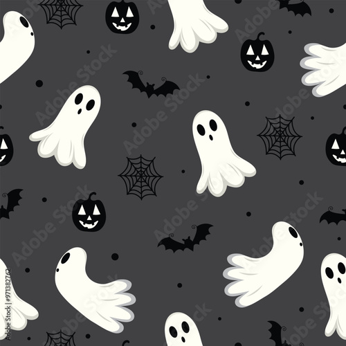 Halloween seamless bats pattern with ghost and spider web . Black bat and pumpkins on grey background. Cute pattern for wrapping paper, textile prints, wallpapers. Vector illustration.