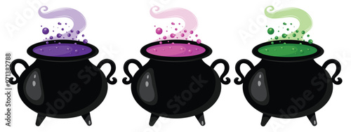 Set of witches cauldrons with colorful potions isolated on a white background. Green, purple and pink witches brew. Vector halloween  illustraitons.