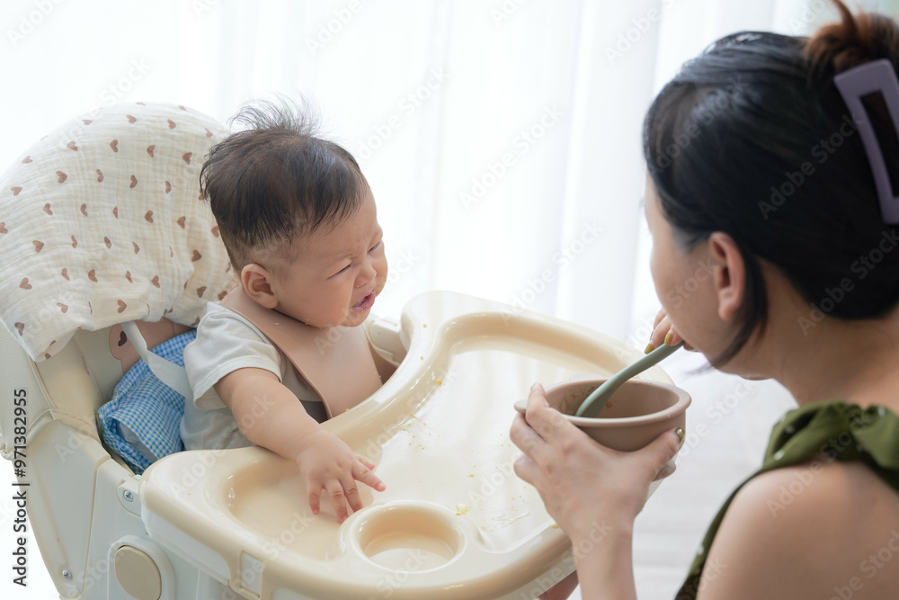 a woman feeding a baby in a high chair a woman feeding a baby in a high chair