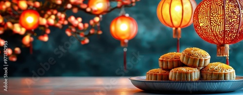 Glowing lanterns above a pastel feast setting with mooncakes, celebrating the Mid-Autumn festival photo