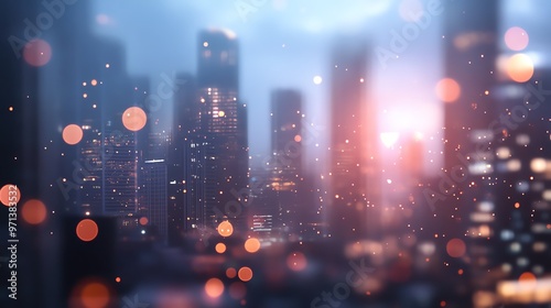 Abstract blurred cityscape with bokeh lights, a serene urban scene at twilight showcasing modern skyscrapers and a soft, dreamy ambiance.