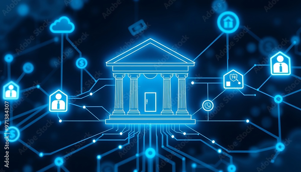 Fototapeta premium Advanced Digital Banking Network: Seamless Online Banking, Digital Money Exchange, and Cloud Data Management