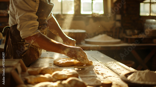 The Artisan's Touch: Golden Hour Baking A craftsman's hands, weathered by years of work, skillfully wield tools to shape wood photo