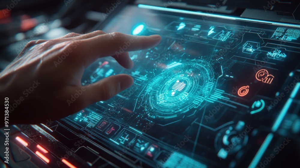 A hand interacting with a futuristic, holographic interface. The interface displays various icons and the letters prominently in the center A hand interacting with a futuristic, holographic interface. The interface displays various icons and the letters prominently in the center