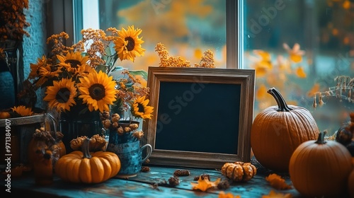 A window sill with a blackboard, pumpkins, and flowers