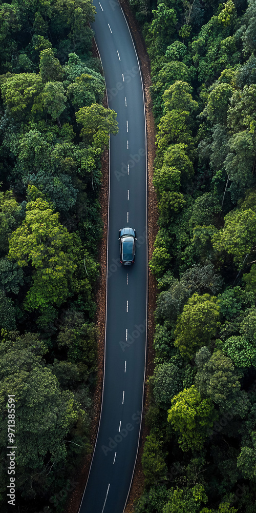 Top down view of curvy, asphalt road surrounded by bunch of evergreen trees. car driving on the road. Beautiful aerial view of dense forest mountain landscape in summer time with curvy road cutting th Top down view of curvy, asphalt road surrounded by bunch of evergreen trees. car driving on the road. Beautiful aerial view of dense forest mountain landscape in summer time with curvy road cutting th