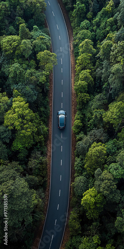 Top down view of curvy, asphalt road surrounded by bunch of evergreen trees. car driving on the road. Beautiful aerial view of dense forest mountain landscape in summer time with curvy road cutting th