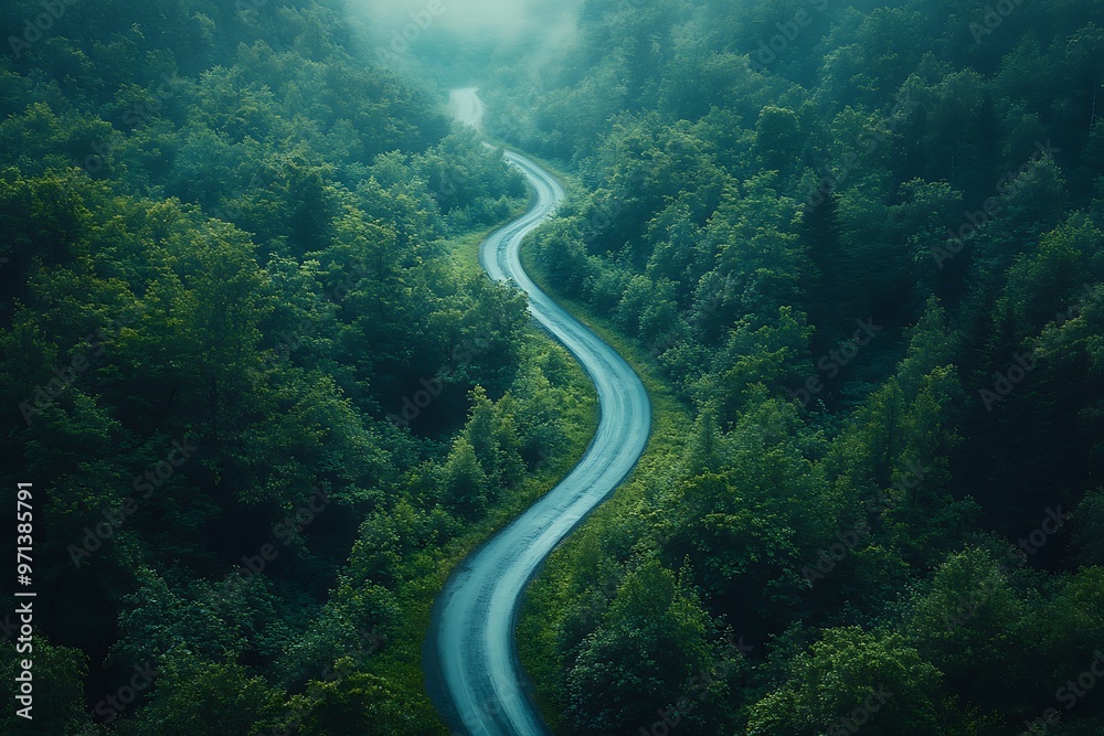 Fototapeta premium Aerial view from above, winding road through the mountains in green forest