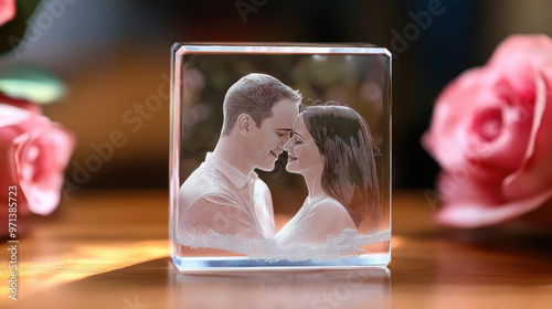 A beautiful crystal photo featuring couple in loving embrace, surrounded by soft pink roses, capturing moment of joy and connection. intricate laser engraving adds personal touch to this cherished kee photo