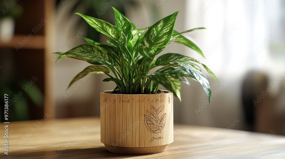 Fototapeta premium A custom engraved bamboo plant pot featuring vibrant green plant, perfect for adding touch of nature to any space. This eco friendly decor piece enhances ambiance beautifully