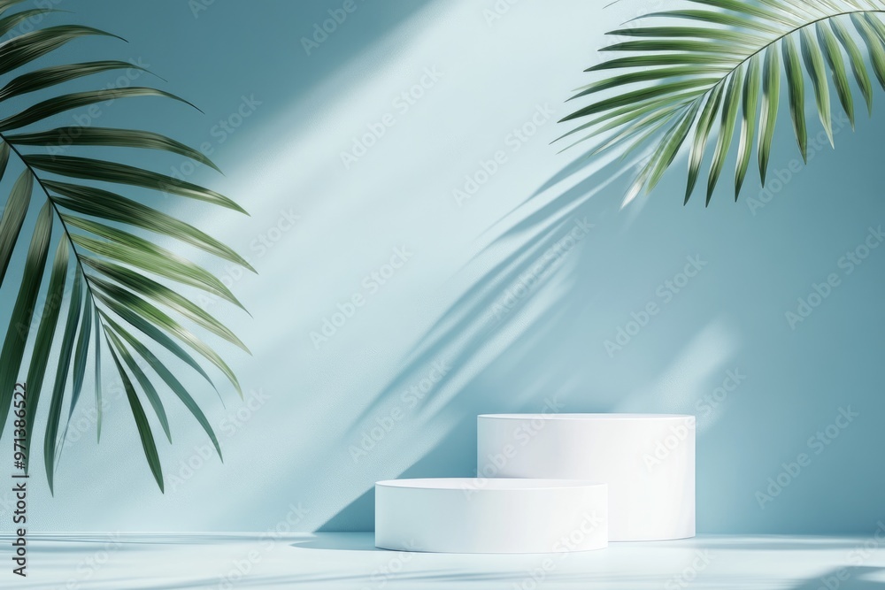 Modern white podiums against blue background with palm leaf shadow Modern white podiums against blue background with palm leaf shadow
