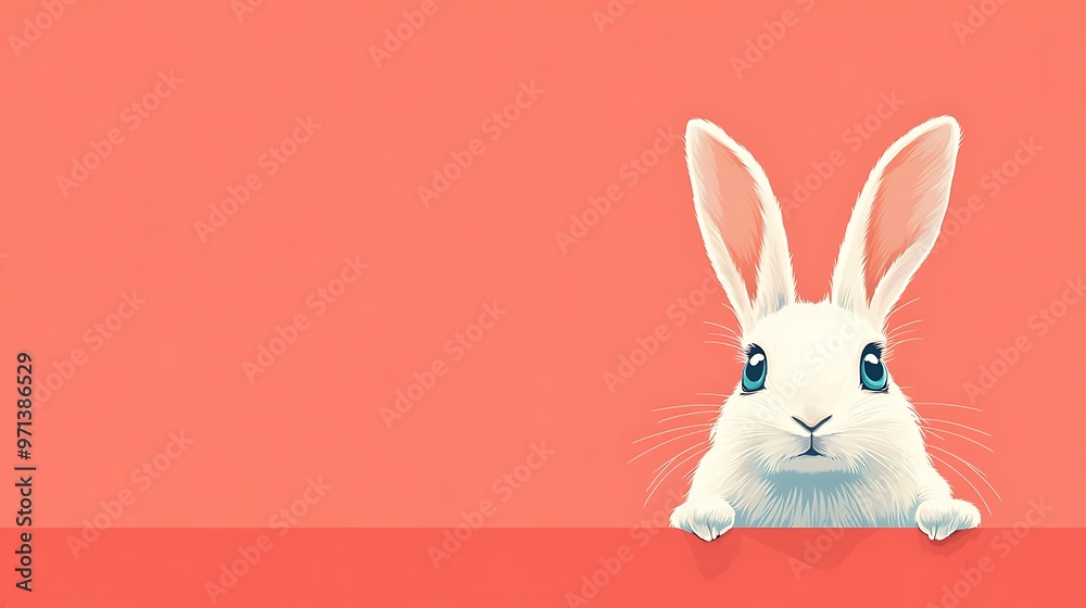 Fototapeta premium Playful White Bunny with Turquoise Eyes on Coral Background | Vector Flat Illustration in Minimalistic Style