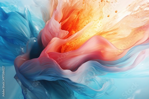 Ethereal abstract formation merging soft pinks, blues, and fiery oranges, resembling delicate, flowing fabric suspended in air. photo