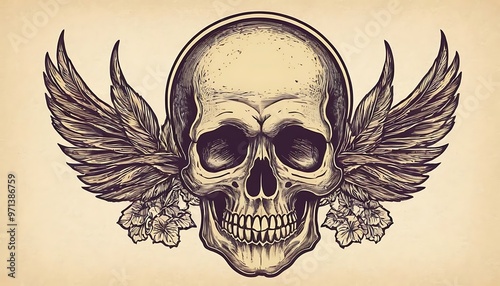 a skull with butterflies and flowers,A human skull with florals and butterlies. Anatomical vintage illustration.Generative AI,butterfly, flower, bone, skull, 9645 photo