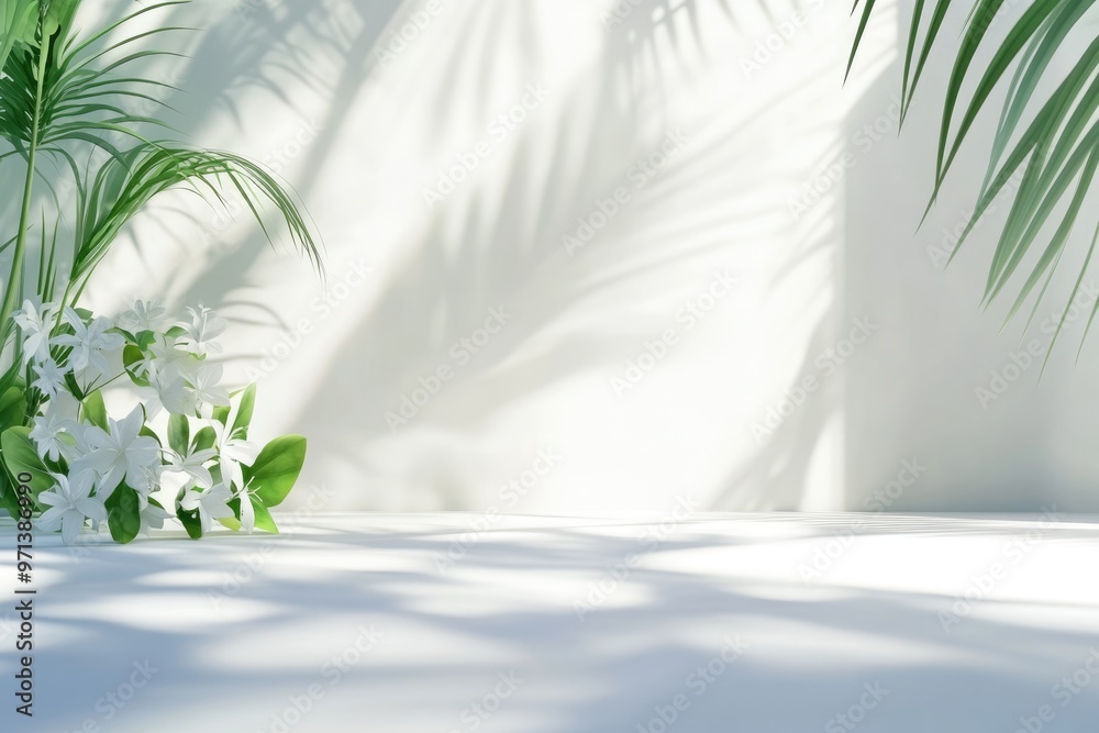 Empty white studio room with shadows and foliage for product presentation. Empty white studio room with shadows and foliage for product presentation.