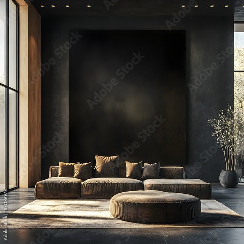 **realistic photo of a gothic living room in a warm, minimalist luxury house with a large black and gold wall and no decoration - photo