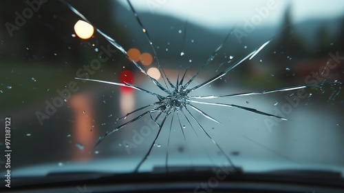 Cracked car windshield with blurred background, showing the impact of damage during a rainy day on a deserted road.
