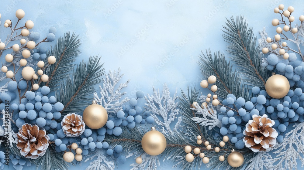 Winter Holiday Decor with Frosted Berries Pinecones and Golden Ornaments on Soft Blue Background for Festive Design and Card Making Inspiration Winter Holiday Decor with Frosted Berries Pinecones and Golden Ornaments on Soft Blue Background for Festive Design and Card Making Inspiration