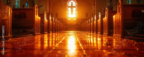 A glowing sunrise illuminates the pews and stained glass windows of an empty church interior, casting a warm and inviting atmosphere through the sacred space