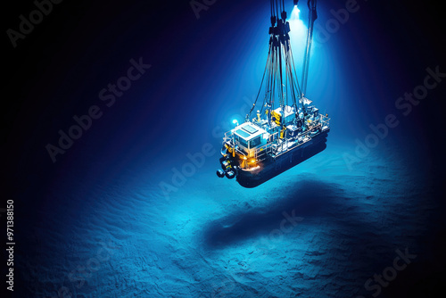 A deep-sea exploration vessel illuminated by bright lights, diving into the mysterious depths of the ocean. photo