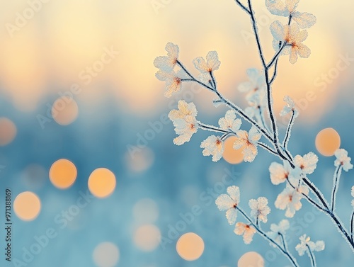 Delicate Frozen Blossoms on Branches with Out-of-Focus Bokeh Background in Soft Cool Colors Reflecting Winter Serenity and Tranquility for Seasonal Design Needs photo