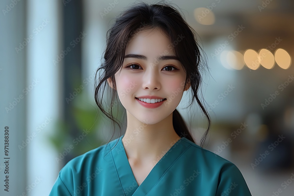 A Chinese dental hygienist smiles confidently in a modern clinic. A Chinese dental hygienist smiles confidently in a modern clinic.