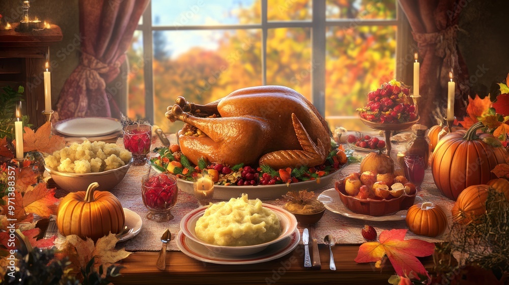 A table with a large turkey and a variety of food, including mashed potatoes A table with a large turkey and a variety of food, including mashed potatoes