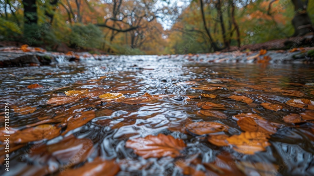 A serene autumn stream with colorful fallen leaves gently floating on the water surface, surrounded by vibrant fall foliage in a peaceful woodland setting