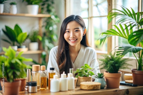 Joyful Morning Skincare Routine. Asian Woman Enjoying Self-Care in a Serene Indoor Setting