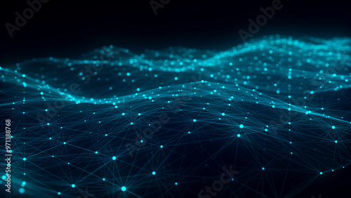 Color abstract wave background with dots and lines moving in space. Technology illustration. Futuristic modern dynamic wave. 3d rendering.