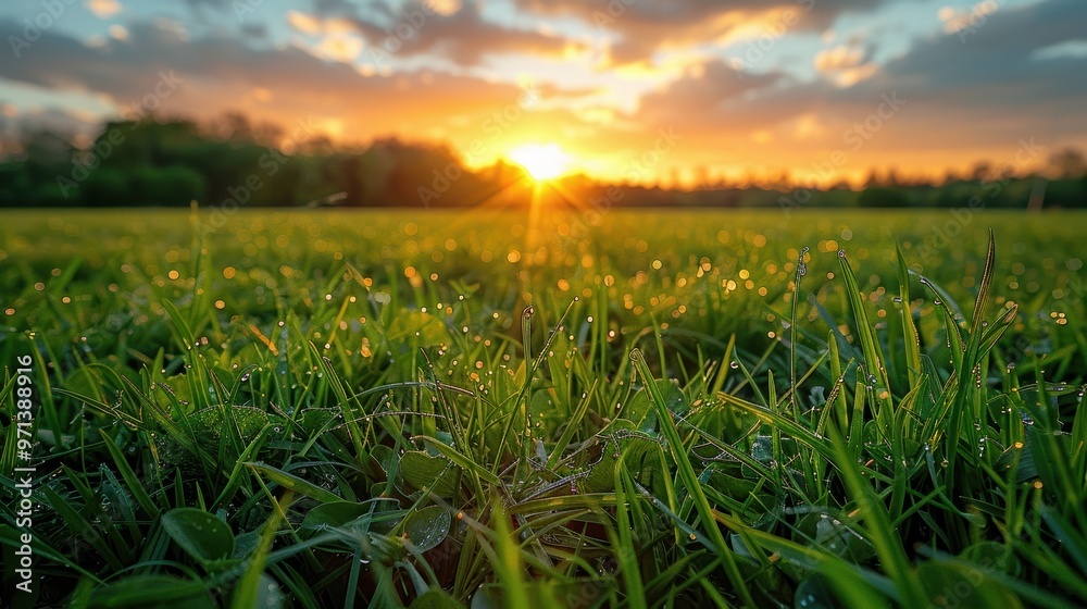 A breathtaking sunset casts golden hues across a vast, dewy green field, creating a serene and picturesque natural landscape