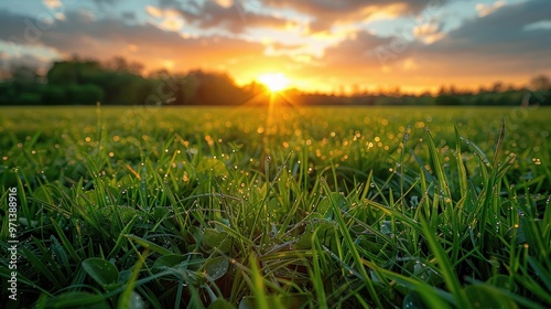 Obraz na płótnie A breathtaking sunset casts golden hues across a vast, dewy green field, creating a serene and picturesque natural landscape w salonie