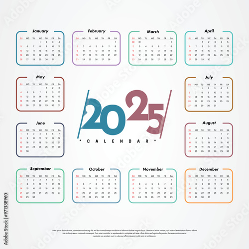 calendar 2025 Creative horizontal calendar 2025 in English Days weeks and months Print vector