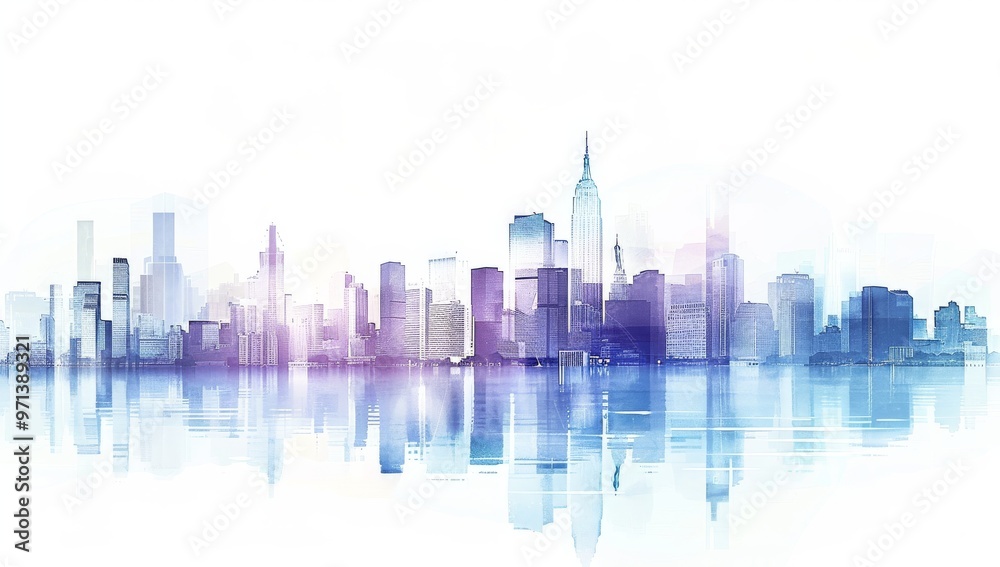 Obraz premium A serene skyline reflecting on water, blending modern architecture with soft colors, perfect for a tranquil cityscape theme.