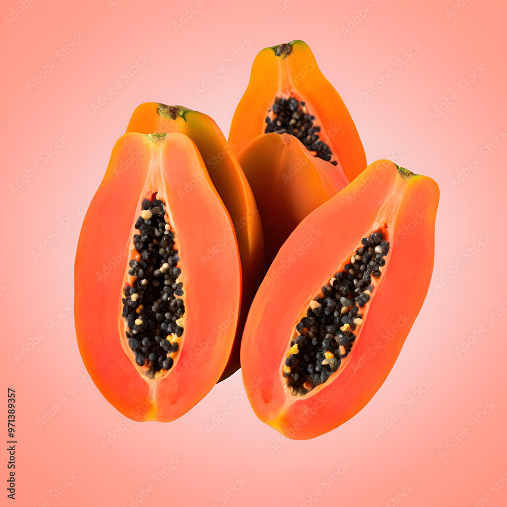The image shows four papaya halves arranged on a pink background. The papayas are ripe and have a bright orange flesh with many small, black seeds. The background is a soft pink color that complements The image shows four papaya halves arranged on a pink background. The papayas are ripe and have a bright orange flesh with many small, black seeds. The background is a soft pink color that complements