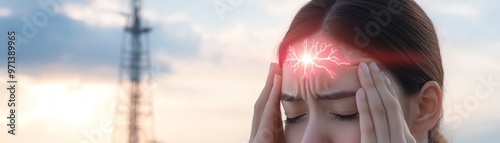 Woman experiencing a headache with a highlighted pain area on forehead, standing outdoors, holding head in discomfort against a cloudy sky background.