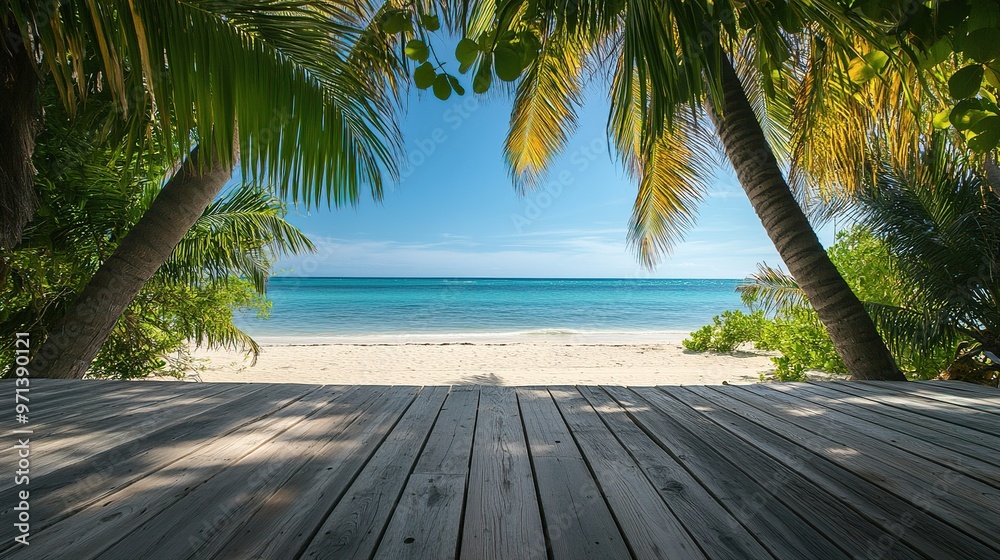 Secluded tropical beach with palm trees and ocean view on a sunny day Secluded tropical beach with palm trees and ocean view on a sunny day