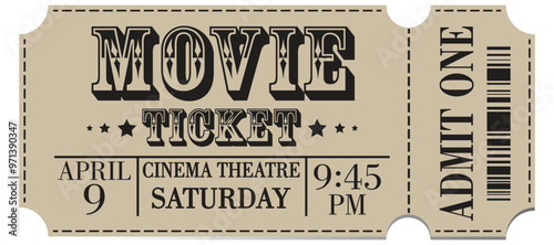 Movie ticket template. Movie admission coupon design. Cinema coupon for festivals, event, theater, concert, play. Vector illustration isolated on white background.