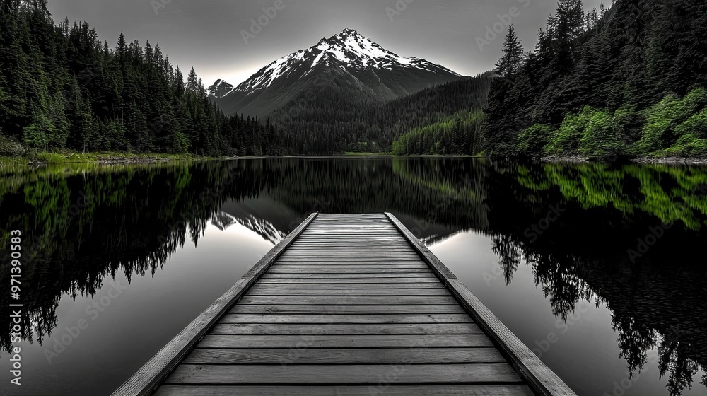 Serene mountain lake with a reflection of the surrounding peaks, black and white, line art, tranquil, nature's beauty, mirror-like water, serenity ::1.3 canoes, fishing pier, pine trees, distant Serene mountain lake with a reflection of the surrounding peaks, black and white, line art, tranquil, nature's beauty, mirror-like water, serenity ::1.3 canoes, fishing pier, pine trees, distant