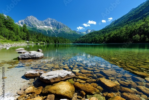 Serene mountain lake surrounded by towering peaks, line art, empty coloring book page, tranquil, high-quality, nature, reflection::1 pine forests, rocky cliffs, clear waters, kayaks, serene