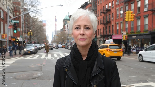 A woman with short gray hair and a black scarf standing confidently in the middle of a busy urban street with cars and taxis in the background, showcasing a bustling city environment