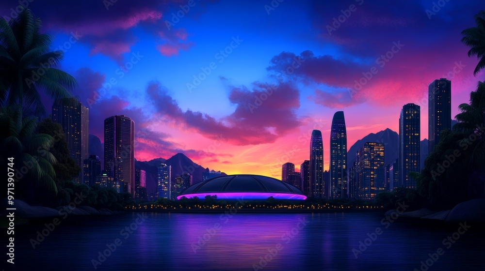 A vibrant city skyline reflecting in a serene river at twilight, featuring colorful skies and modern architecture. A vibrant city skyline reflecting in a serene river at twilight, featuring colorful skies and modern architecture.