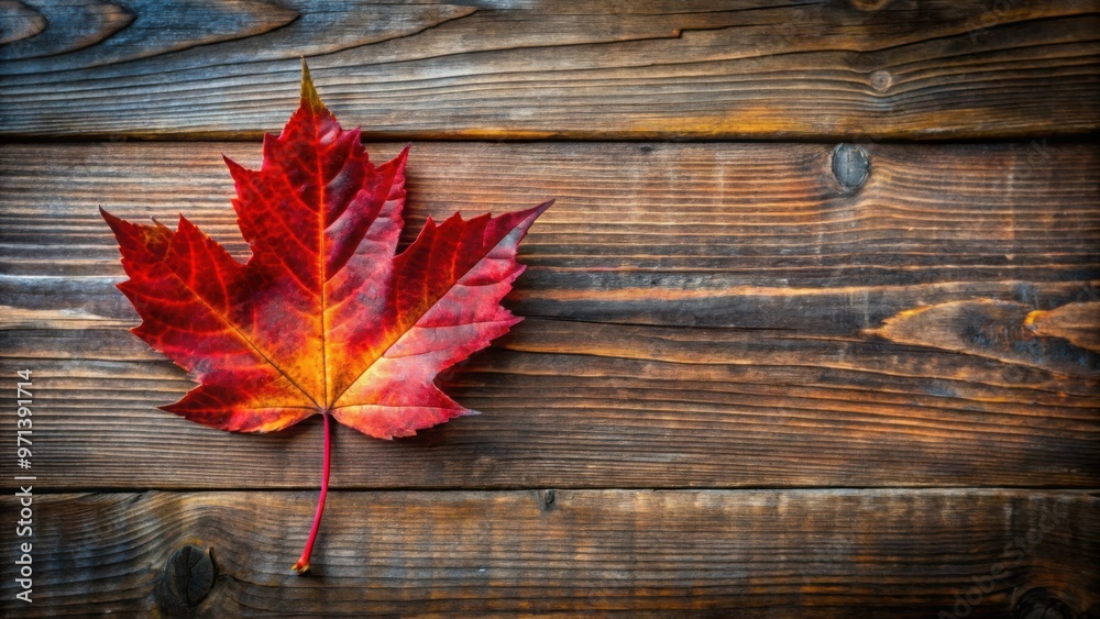 Obraz premium Vibrant red autumn leaf on rustic wooden table