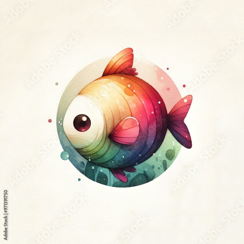 Colorful Stylized Fish with Expressive Eyes in a Circular Frame on a Textured White Background photo