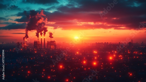 A city skyline with smoke stacks and a dramatic sunset.